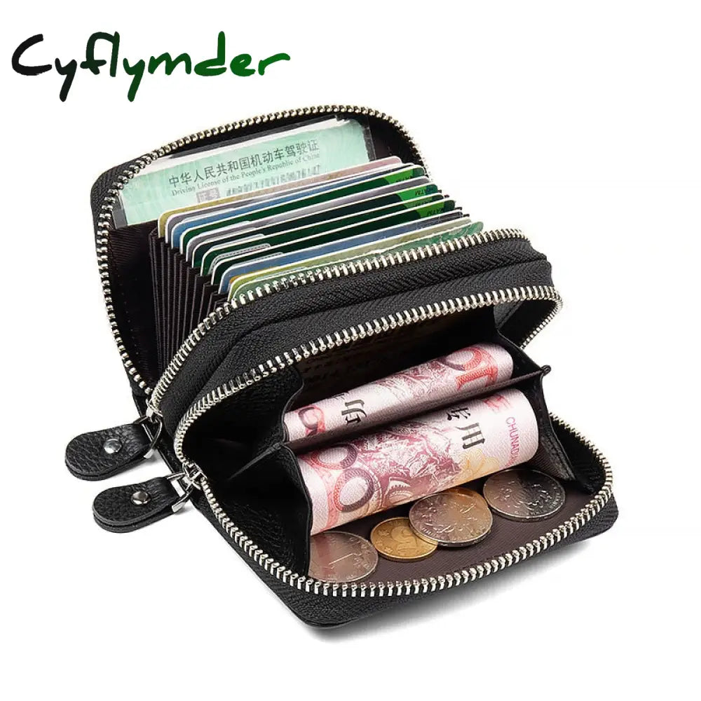 Cyflymder Rfid Blocking Fashion Women Card Holder Genuine Leather Double Zipper Large Capacity