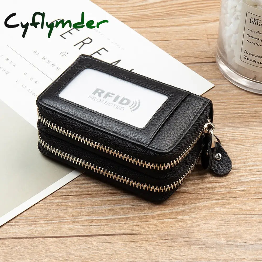 Cyflymder Rfid Blocking Fashion Women Card Holder Genuine Leather Double Zipper Large Capacity