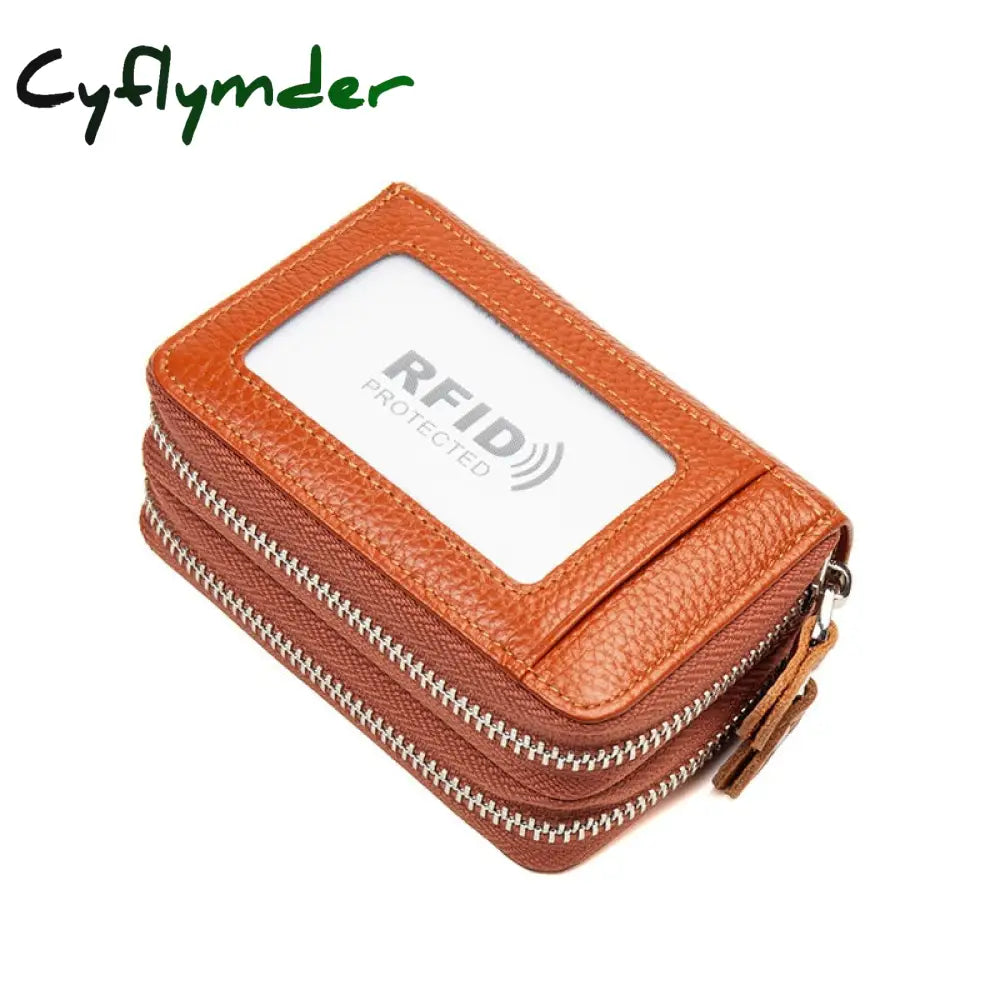 Cyflymder Rfid Blocking Fashion Women Card Holder Genuine Leather Double Zipper Large Capacity