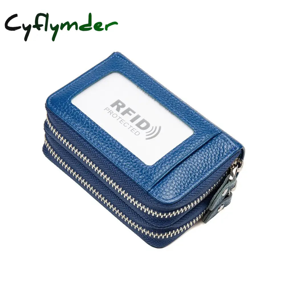 Cyflymder Rfid Blocking Fashion Women Card Holder Genuine Leather Double Zipper Large Capacity