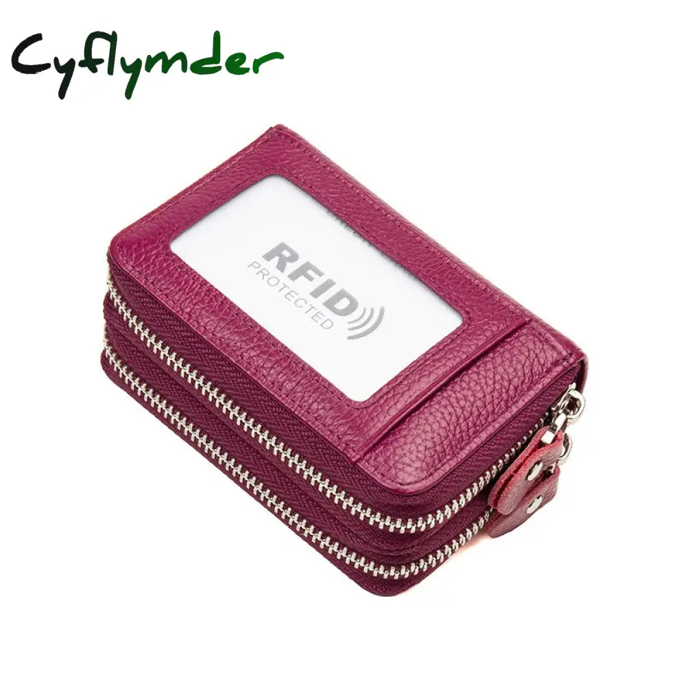 Cyflymder Rfid Blocking Fashion Women Card Holder Genuine Leather Double Zipper Large Capacity