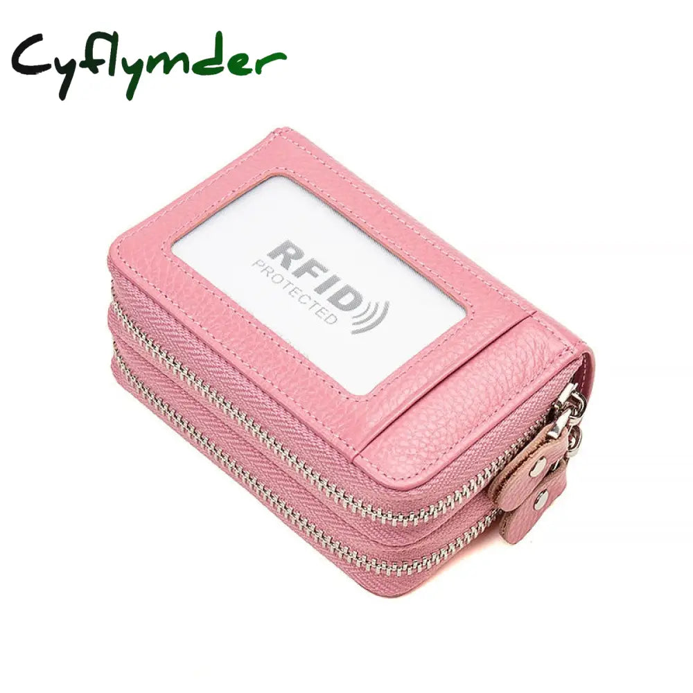 Cyflymder Rfid Blocking Fashion Women Card Holder Genuine Leather Double Zipper Large Capacity