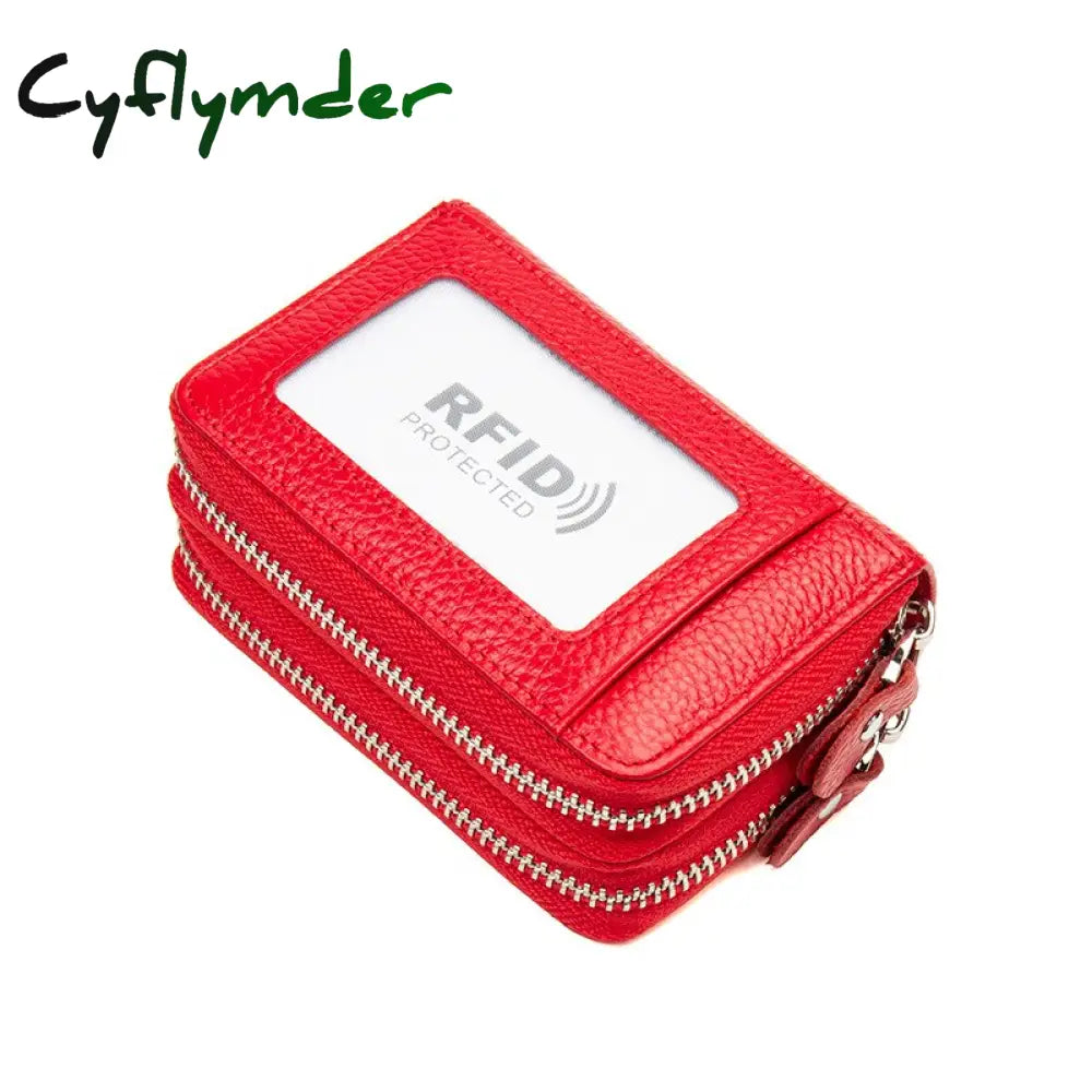 Cyflymder Rfid Blocking Fashion Women Card Holder Genuine Leather Double Zipper Large Capacity