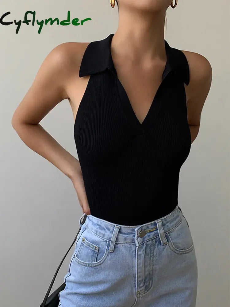 Cyflymder - Ribbed Polo Tank Top Black / Xs Tops & Camis