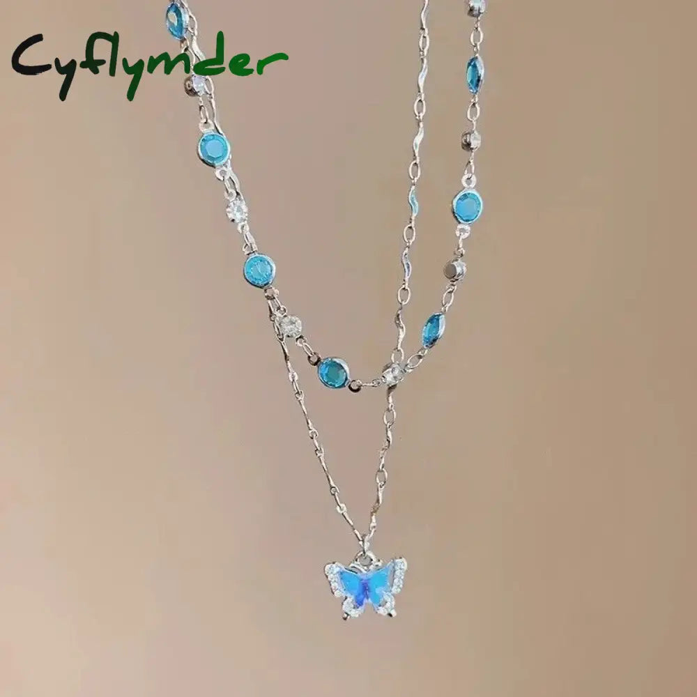 Cyflymder Romantic Blue Crystal Butterfly Necklace for Women Girls Simple Shiny Zircon Bilayer Choker Clavicle Chain
