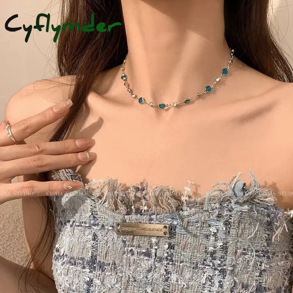 Cyflymder Romantic Blue Crystal Butterfly Necklace for Women Girls Simple Shiny Zircon Bilayer Choker Clavicle Chain
