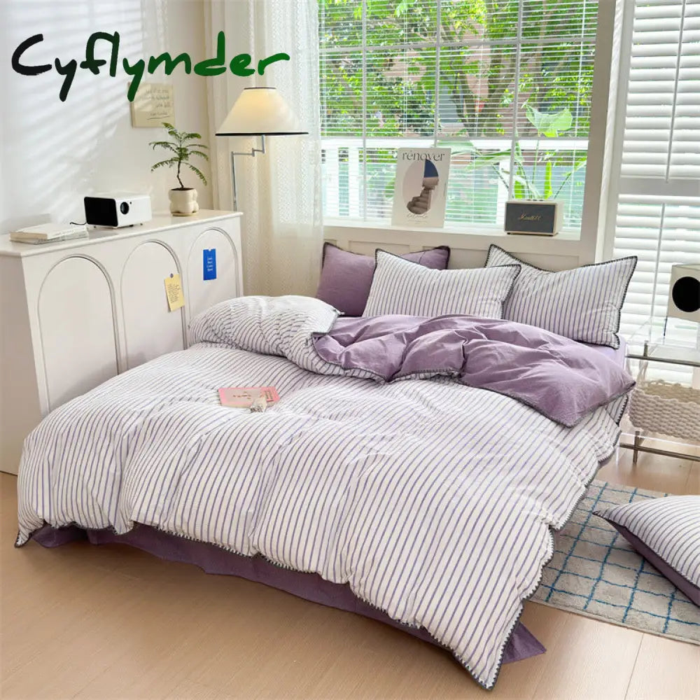 room inspo Class Simple Washed Cotton Four-Piece Set Pure Cotton Bedding Quilt Cover Bed Sheet Three-Piece Set