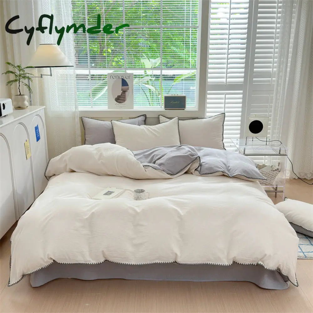 room inspo Class Simple Washed Cotton Four-Piece Set Pure Cotton Bedding Quilt Cover Bed Sheet Three-Piece Set