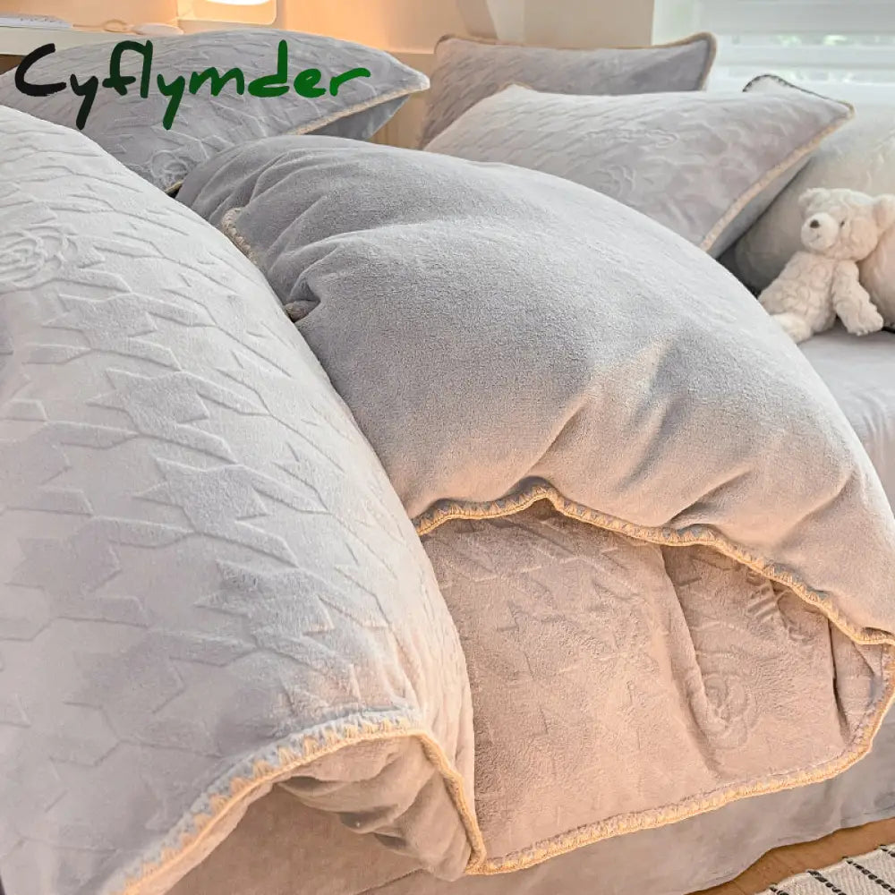 room inspo Winter Double-Sided Thickened Milk Coral Fleece Bed Four-Piece Set Fleece-lined Flange Suede Bed Sheet Quilt Cover Bedding Fitted Sheet