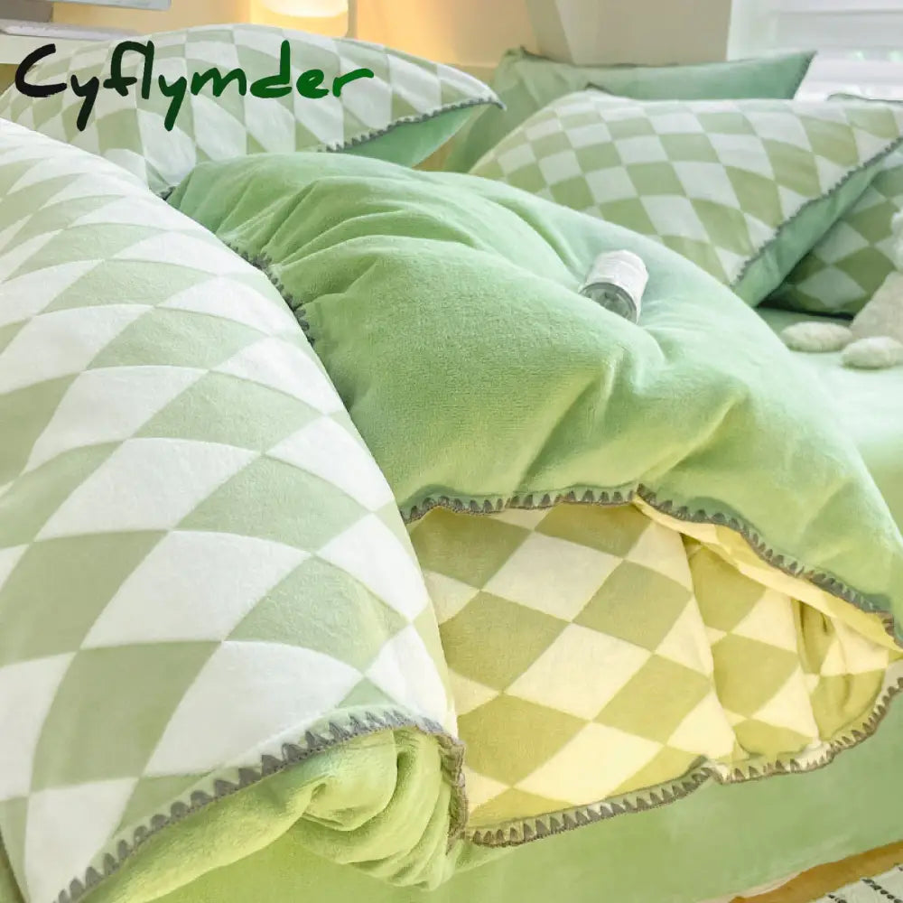 room inspo Winter Double-Sided Thickened Milk Coral Fleece Bed Four-Piece Set Fleece-lined Flange Suede Bed Sheet Quilt Cover Bedding Fitted Sheet