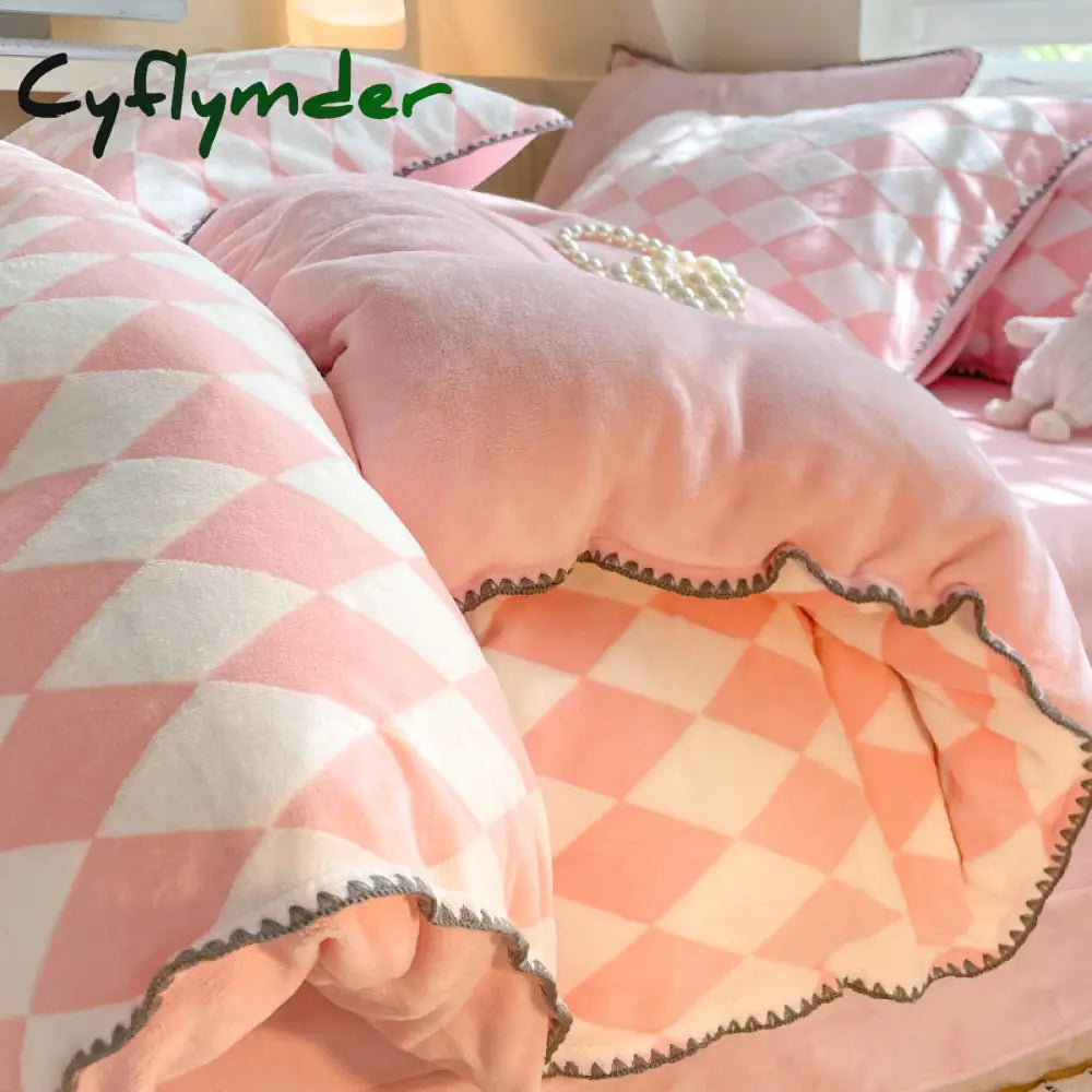 room inspo Winter Double-Sided Thickened Milk Coral Fleece Bed Four-Piece Set Fleece-lined Flange Suede Bed Sheet Quilt Cover Bedding Fitted Sheet