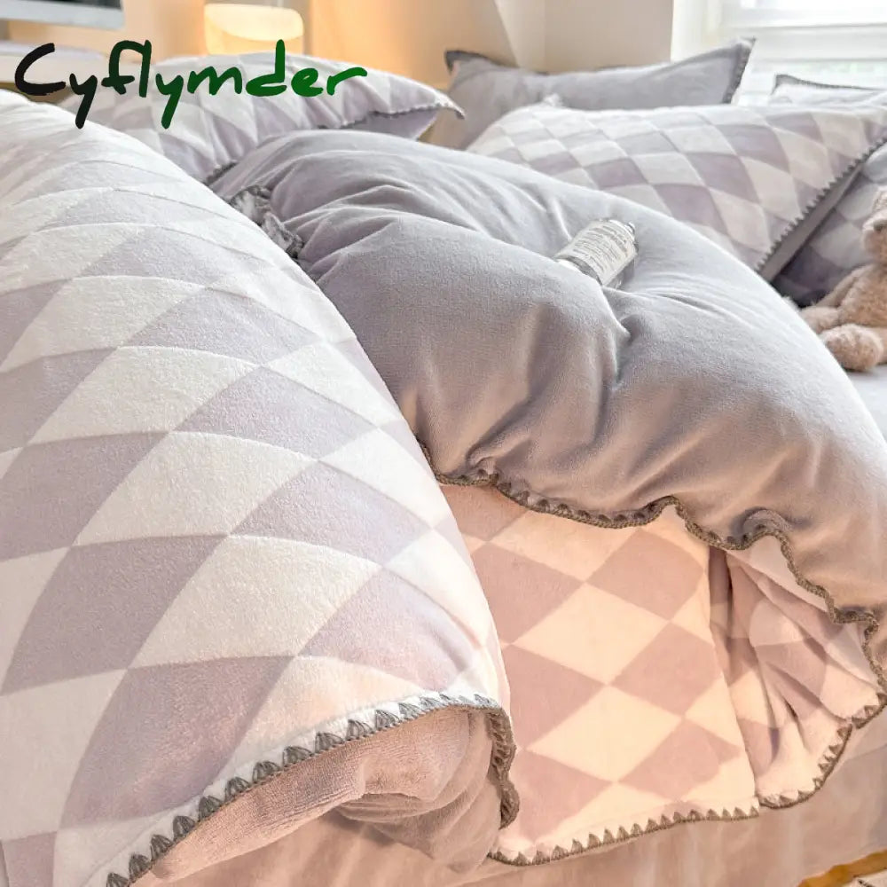 room inspo Winter Double-Sided Thickened Milk Coral Fleece Bed Four-Piece Set Fleece-lined Flange Suede Bed Sheet Quilt Cover Bedding Fitted Sheet