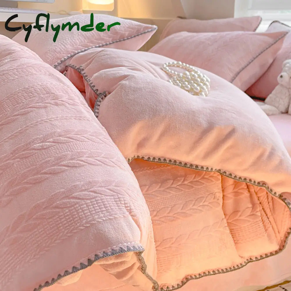 room inspo Winter Double-Sided Thickened Milk Coral Fleece Bed Four-Piece Set Fleece-lined Flange Suede Bed Sheet Quilt Cover Bedding Fitted Sheet