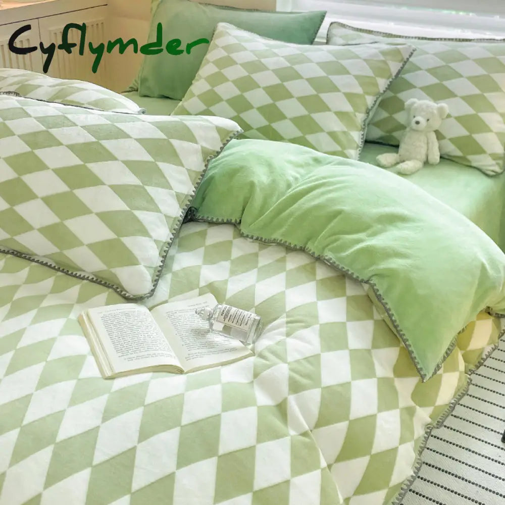 room inspo Winter Double-Sided Thickened Milk Coral Fleece Bed Four-Piece Set Fleece-lined Flange Suede Bed Sheet Quilt Cover Bedding Fitted Sheet