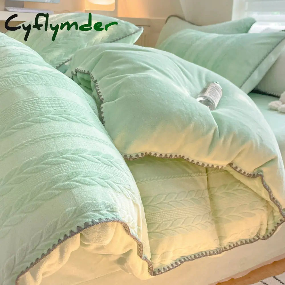 room inspo Winter Double-Sided Thickened Milk Coral Fleece Bed Four-Piece Set Fleece-lined Flange Suede Bed Sheet Quilt Cover Bedding Fitted Sheet