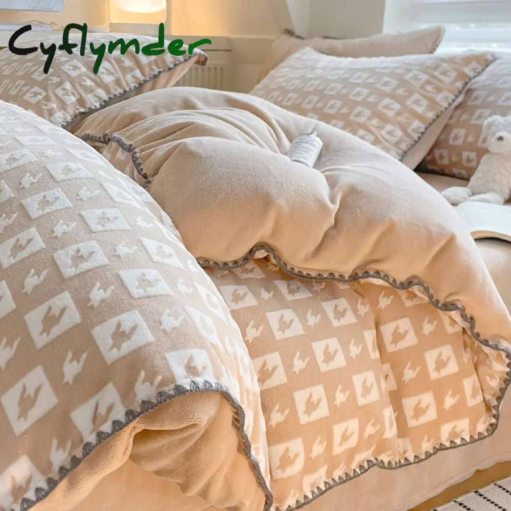 room inspo Winter Double-Sided Thickened Milk Coral Fleece Bed Four-Piece Set Fleece-lined Flange Suede Bed Sheet Quilt Cover Bedding Fitted Sheet