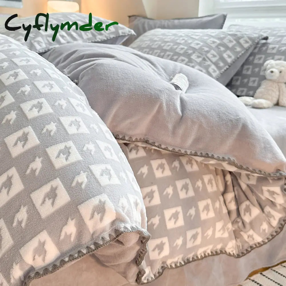 room inspo Winter Double-Sided Thickened Milk Coral Fleece Bed Four-Piece Set Fleece-lined Flange Suede Bed Sheet Quilt Cover Bedding Fitted Sheet