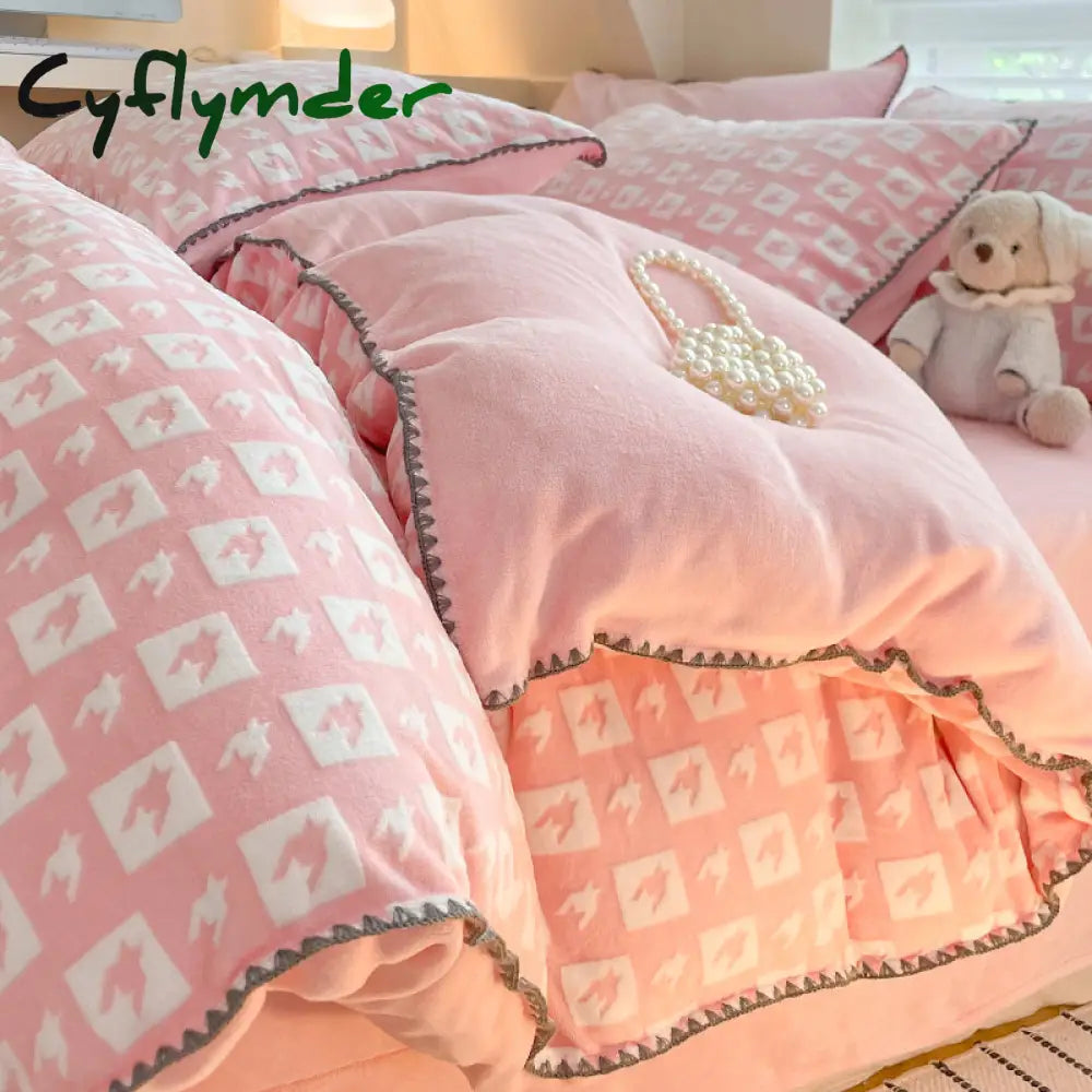 room inspo Winter Double-Sided Thickened Milk Coral Fleece Bed Four-Piece Set Fleece-lined Flange Suede Bed Sheet Quilt Cover Bedding Fitted Sheet
