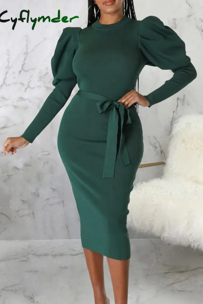 Cyflymder - Rose Red Elegant Solid Bandage Patchwork O Neck Long Sleeve Dresses