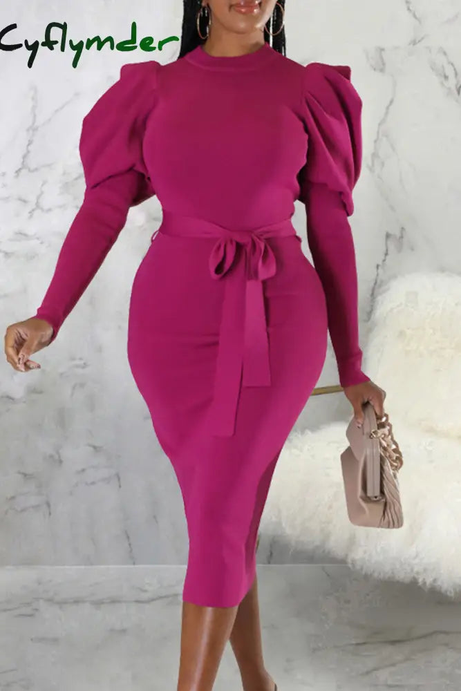 Cyflymder - Rose Red Elegant Solid Bandage Patchwork O Neck Long Sleeve Dresses