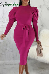 Cyflymder - Rose Red Elegant Solid Bandage Patchwork O Neck Long Sleeve Dresses