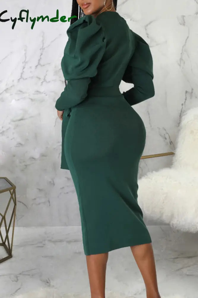 Cyflymder - Rose Red Elegant Solid Bandage Patchwork O Neck Long Sleeve Dresses