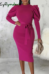 Cyflymder - Rose Red Elegant Solid Bandage Patchwork O Neck Long Sleeve Dresses