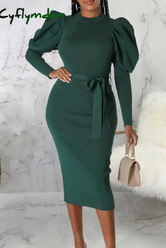 Cyflymder - Rose Red Elegant Solid Bandage Patchwork O Neck Long Sleeve Dresses