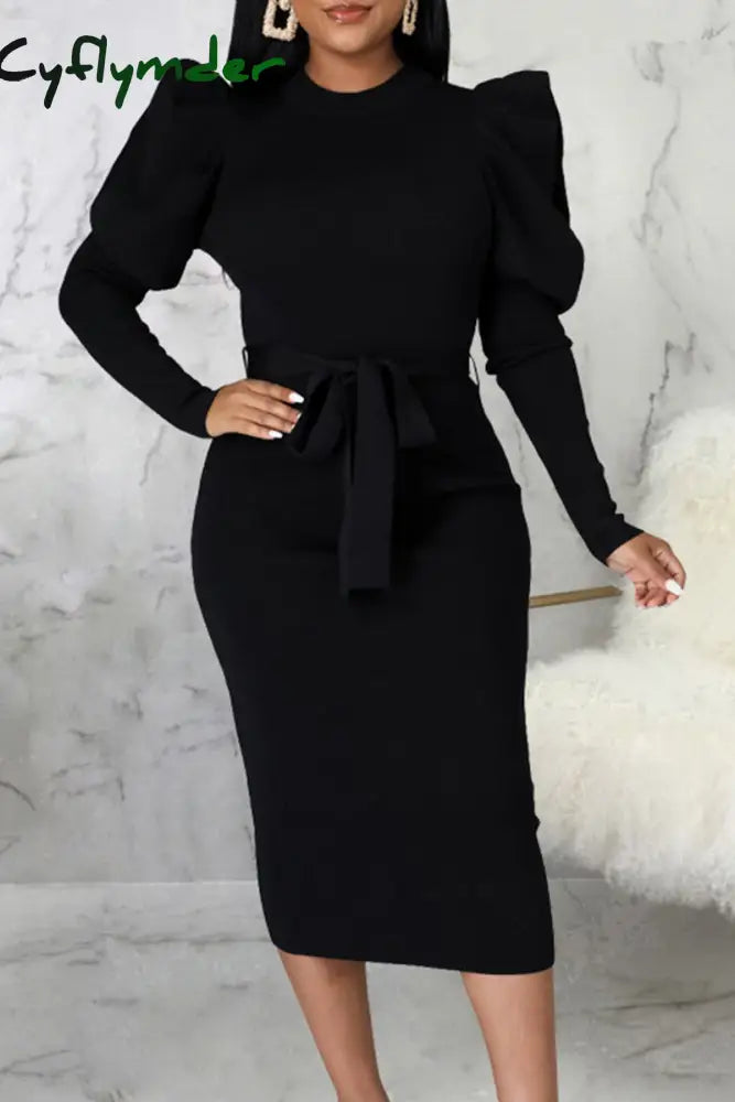 Cyflymder - Rose Red Elegant Solid Bandage Patchwork O Neck Long Sleeve Dresses