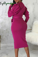 Cyflymder - Rose Red Elegant Solid Bandage Patchwork O Neck Long Sleeve Dresses