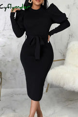 Cyflymder - Rose Red Elegant Solid Bandage Patchwork O Neck Long Sleeve Dresses