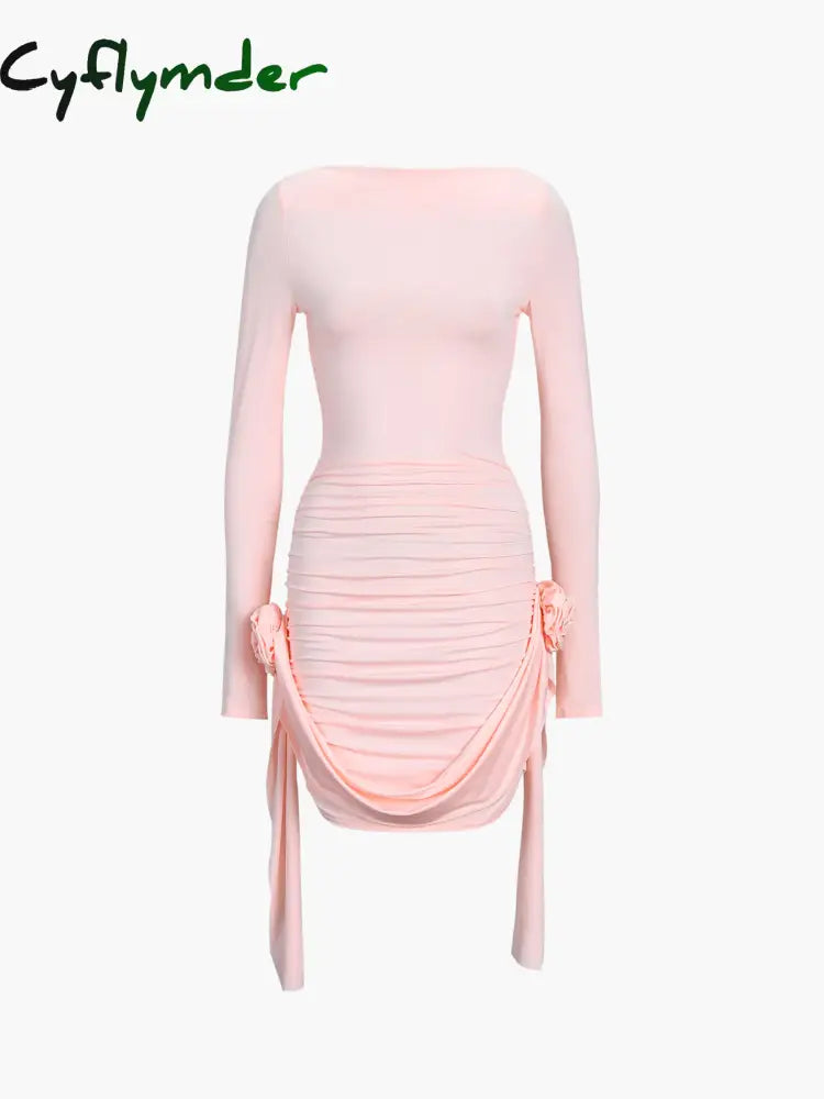 Cyflymder - Rosette Ruched Long Sleeve Short Dress Pink / S Dresses