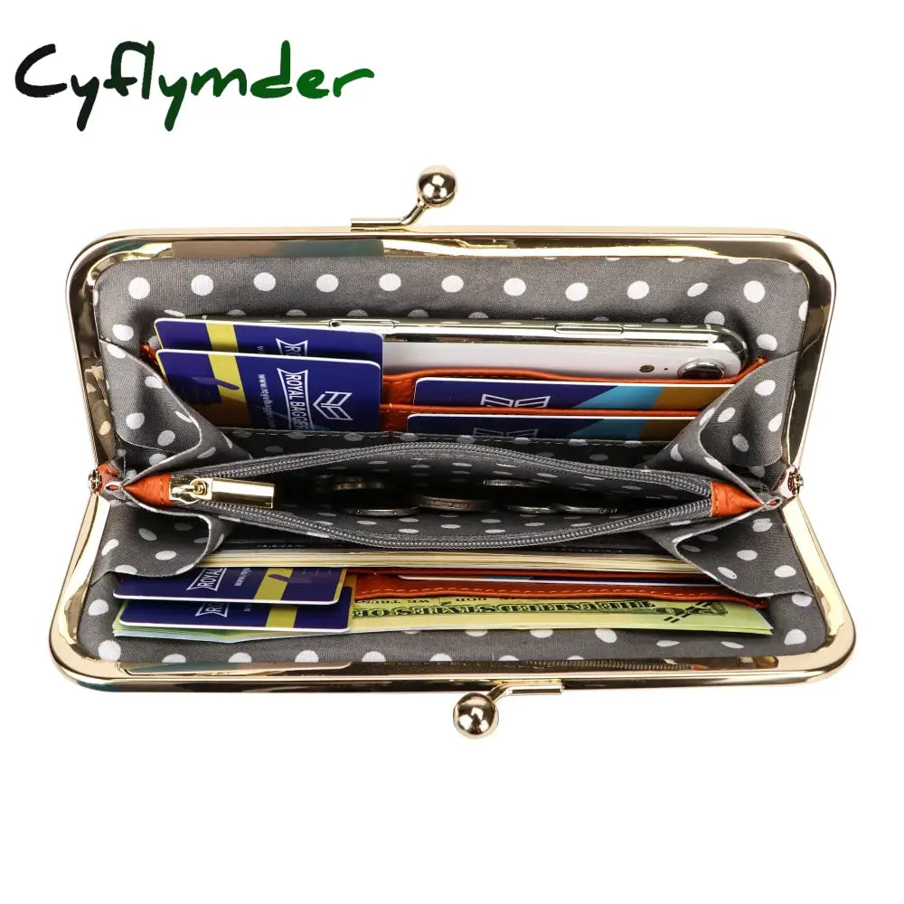 Cyflymder Royal Bagger Kiss Lock Wallet For Women Genuine Cow Leather Large Capacity Card Holder