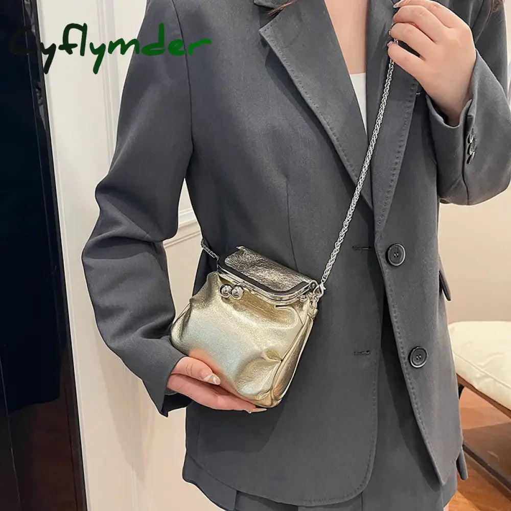 Cyflymder Ruched Clip Bag Shoulder Soft Pu Leather Crossbody Bags For Women Luxury Kisslock Frame
