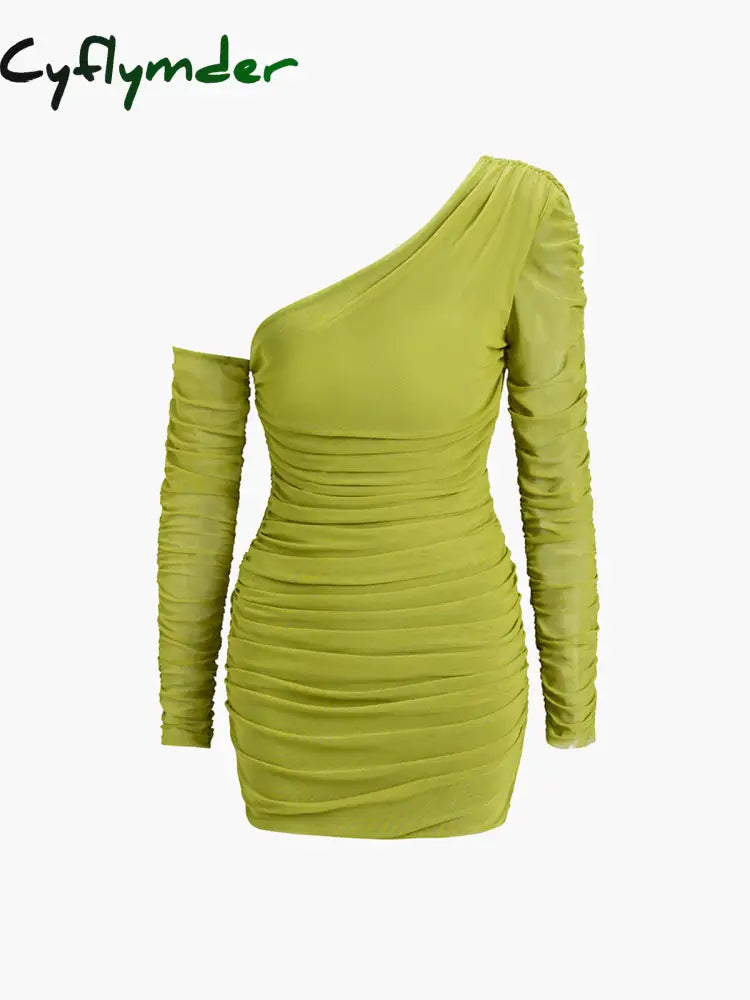 Cyflymder - Ruched One Shoulder Slinky Mesh Short Dress Green / S Dresses