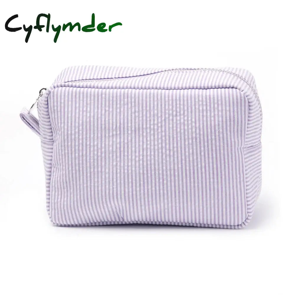 Cyflymder Ruffle Cosmetic Bags Pink/Purple Striped Storage Make Up For Women Lady With Zipper