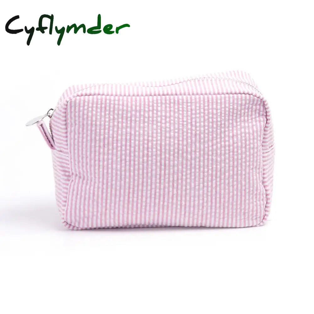 Cyflymder Ruffle Cosmetic Bags Pink/Purple Striped Storage Make Up For Women Lady With Zipper