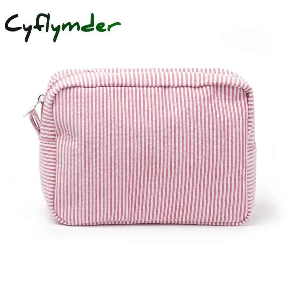 Cyflymder Ruffle Cosmetic Bags Pink/Purple Striped Storage Make Up For Women Lady With Zipper