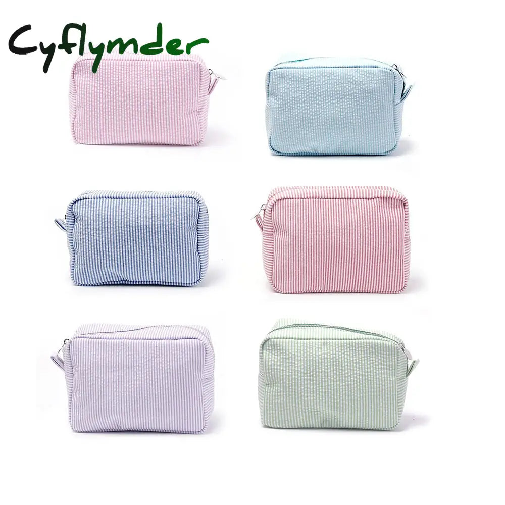 Cyflymder Ruffle Cosmetic Bags Pink/Purple Striped Storage Make Up For Women Lady With Zipper