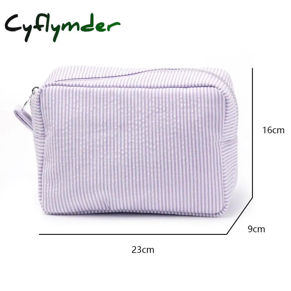 Cyflymder Ruffle Cosmetic Bags Pink/Purple Striped Storage Make Up For Women Lady With Zipper