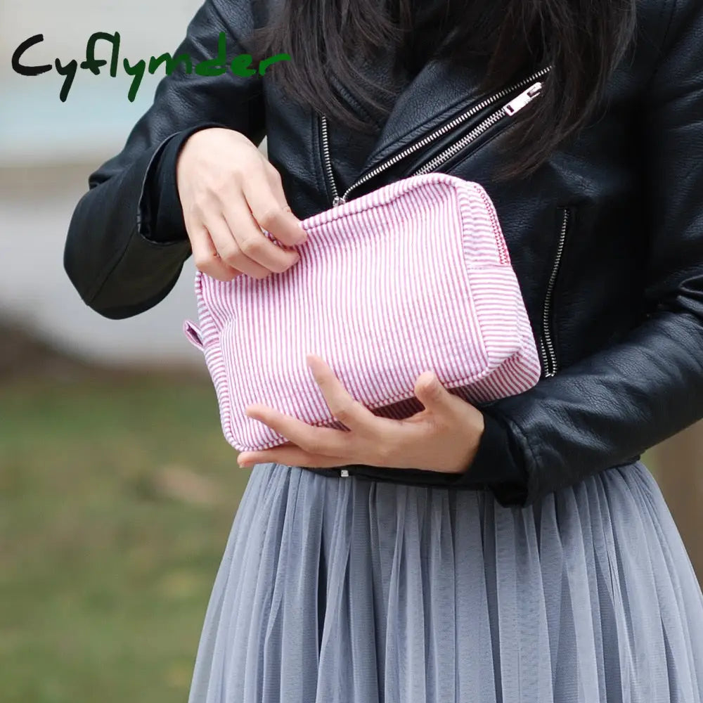 Cyflymder Ruffle Cosmetic Bags Pink/Purple Striped Storage Make Up For Women Lady With Zipper