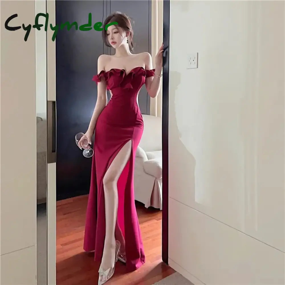 Cyflymder Ruffled One Shoulder Strapless Evening Dress Women Spring Summer Elegant High Waist Slim Wrapped Slit Long