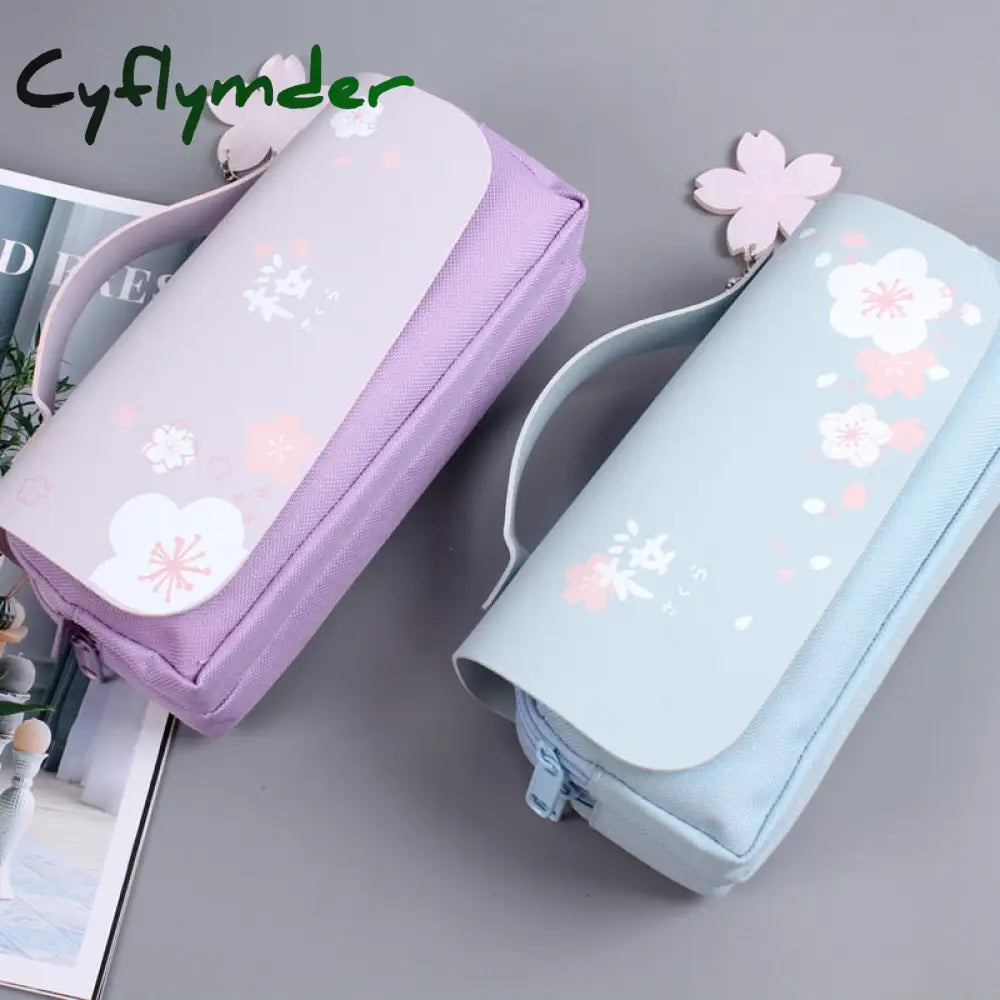 Cyflymder Sakura Pencil Bag Pu Leather Pen Case Kawaii Stationery Ruler Pouch For School Girl Sweet