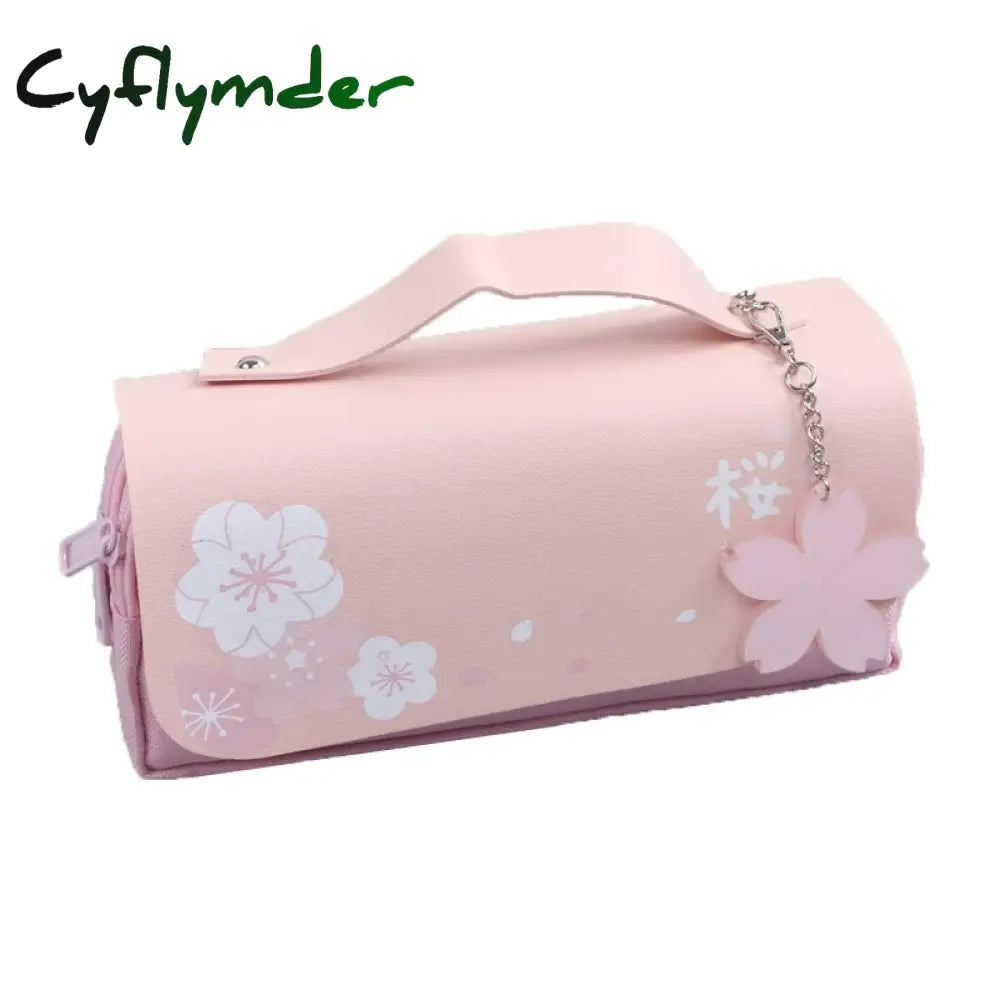 Cyflymder Sakura Pencil Bag Pu Leather Pen Case Kawaii Stationery Ruler Pouch For School Girl Sweet