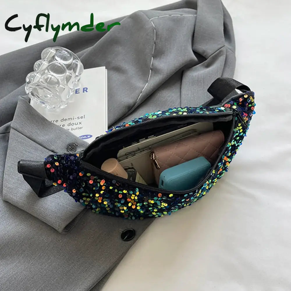 Cyflymder Sequin Pu Leather Chest Bag For Women Trendy Crossbody Sling Banana Shiny Shoulder Phone