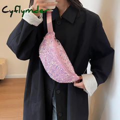 Cyflymder Sequin Pu Leather Chest Bag For Women Trendy Crossbody Sling Banana Shiny Shoulder Phone