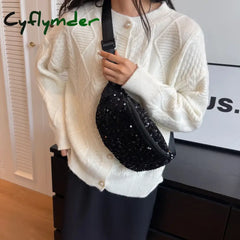 Cyflymder Sequin Pu Leather Chest Bag For Women Trendy Crossbody Sling Banana Shiny Shoulder Phone