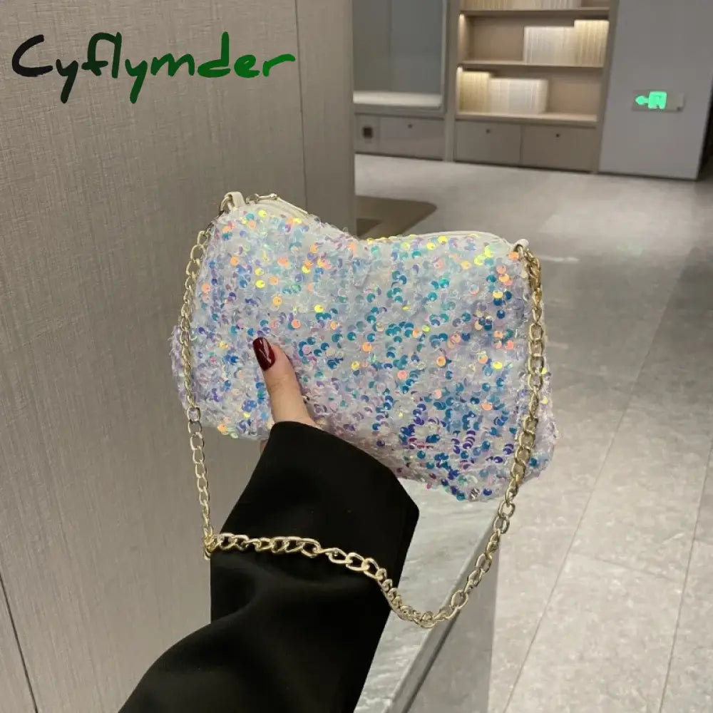 Cyflymder Sequins Crossbody Chain Bag Simple INS Solid Color Sequins Shoulder Bag Underarm Bag Phone Purse Evening