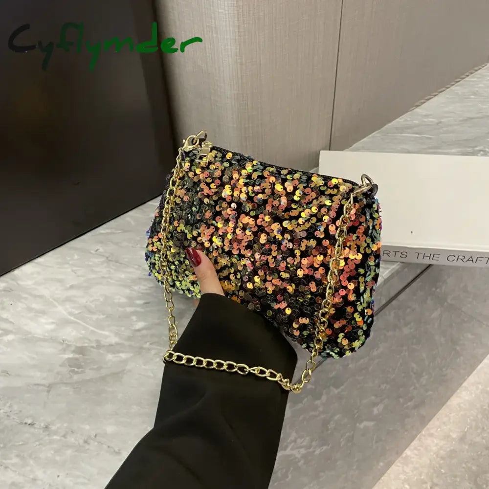 Cyflymder Sequins Crossbody Chain Bag Simple INS Solid Color Sequins Shoulder Bag Underarm Bag Phone Purse Evening