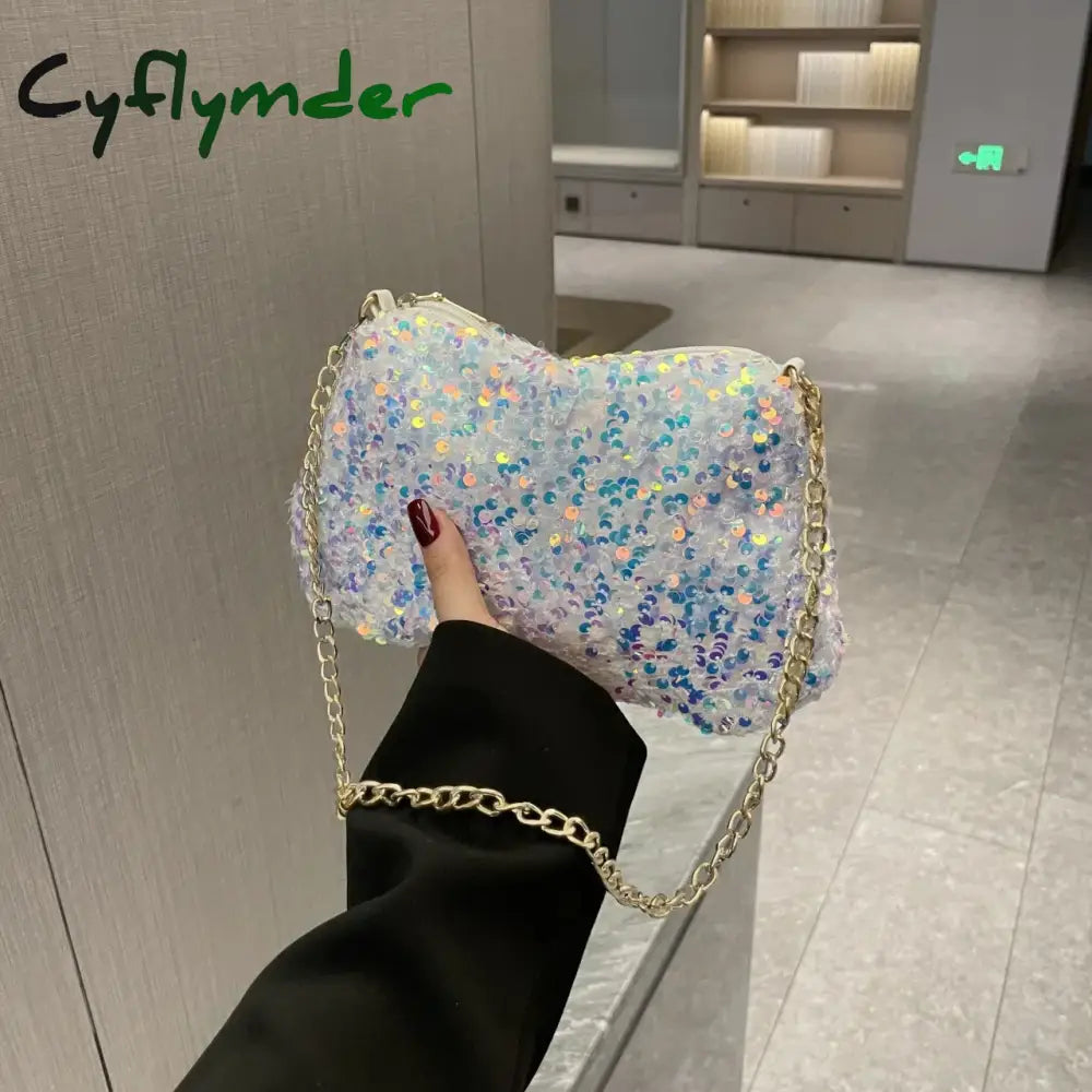 Cyflymder Sequins Crossbody Chain Bag Simple INS Solid Color Sequins Shoulder Bag Underarm Bag Phone Purse Evening